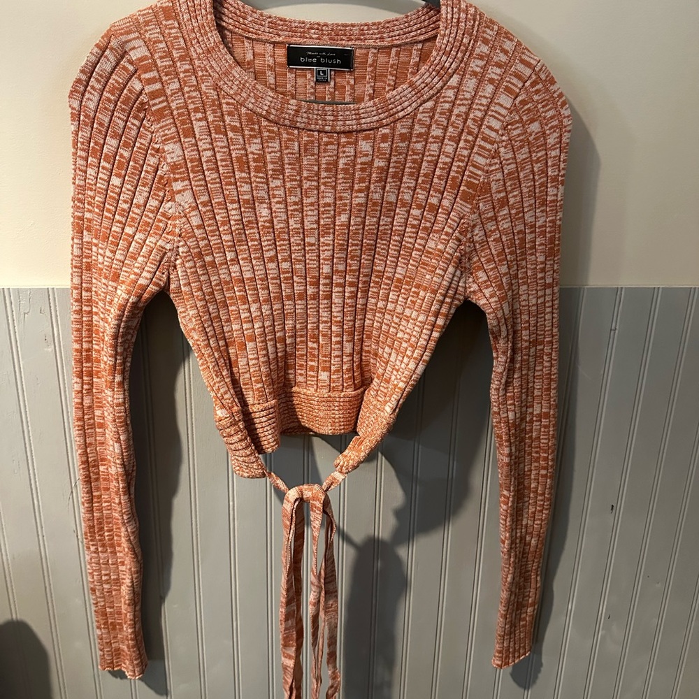 Blue Blush Orange Ribbed Tie Sweater